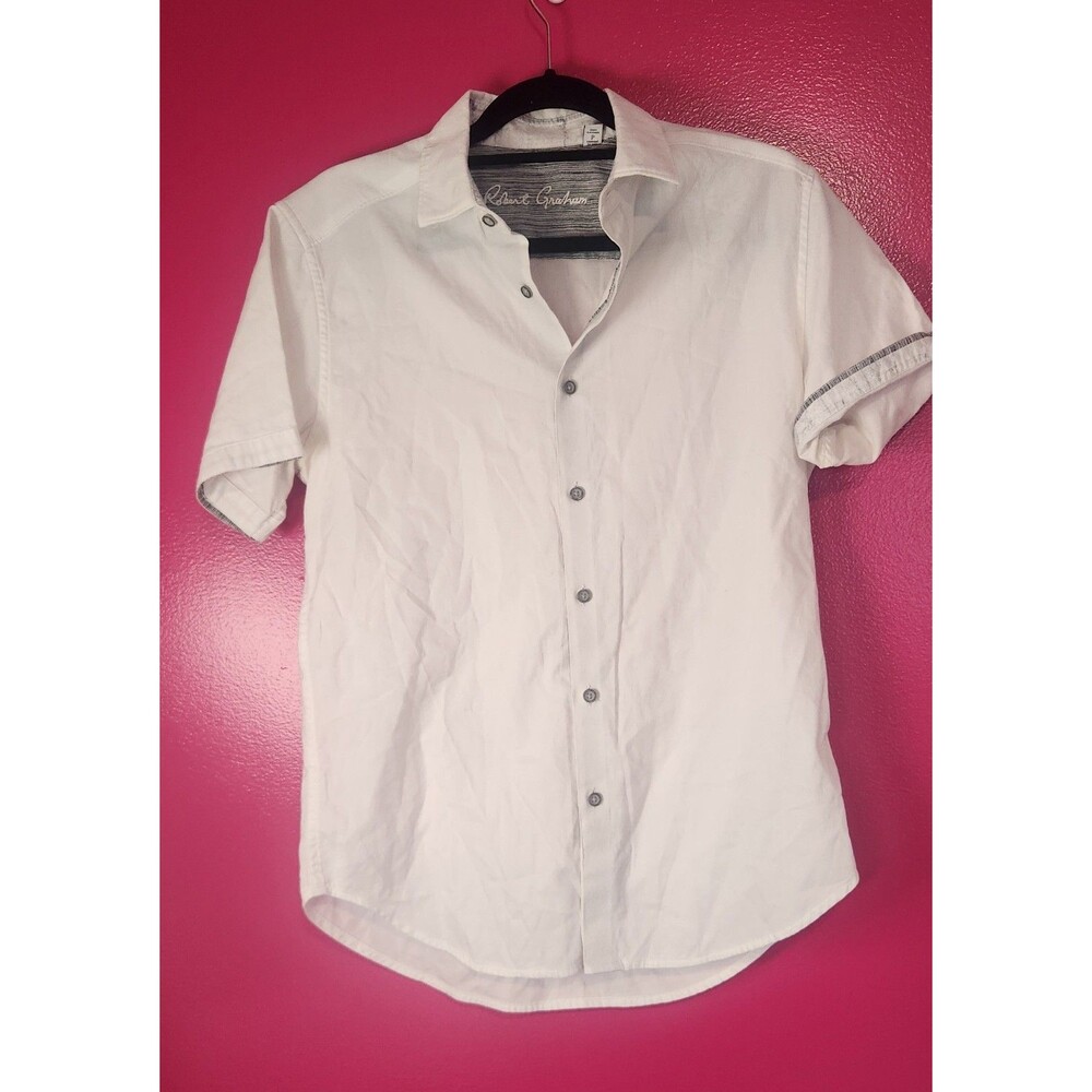 Robert Graham Mens Small White Classic Fit Short Sleeve Button Up Gray Flip Cuff